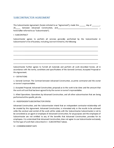 expertly crafted subcontractor agreement for advanced construction template