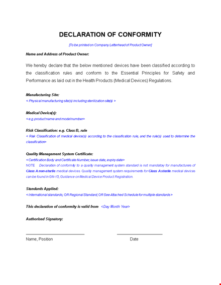 certificate of conformance for medical devices - declaration of conformity template template