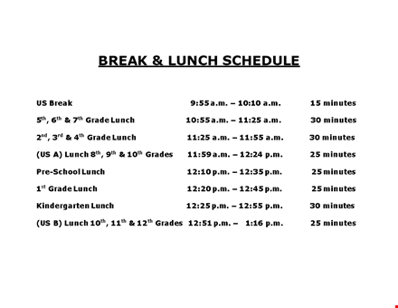 school break & lunch schedule template template