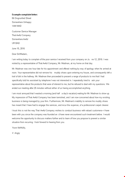 complaint letter example template template
