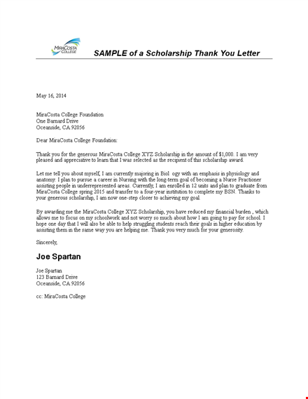example of thank you letter for scholarship template