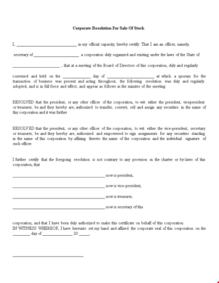 corporate resolution form for officers, secretary, and president | corporation documents template