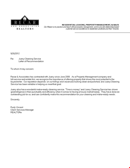 cleaning service letter of recommendation template