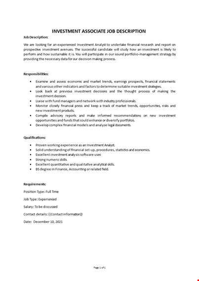 investment associate job description template