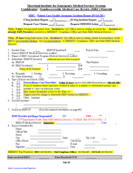 quality assurance incident report template