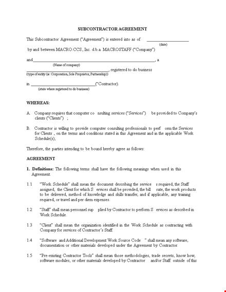 subcontractor non compete agreement template