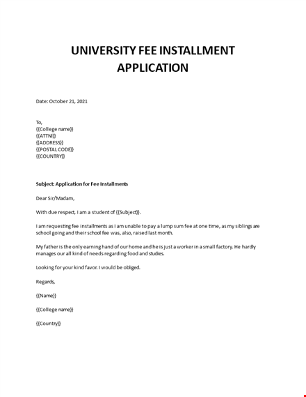 university fee installment application template