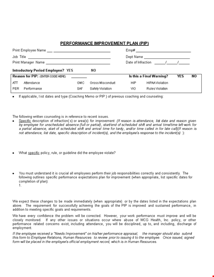 improve employee performance with our specific performance improvement plan template template