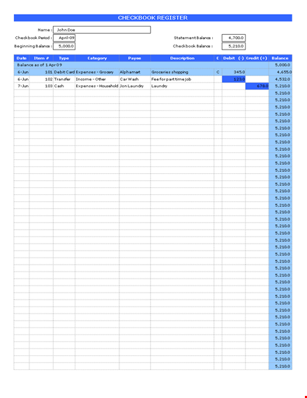 track expenses and balance with our checkbook register - debit and laundry included template