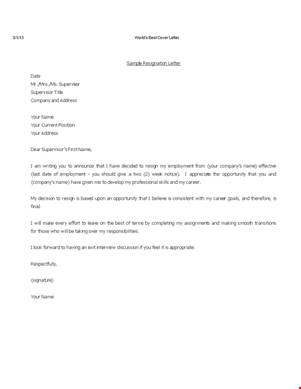 resignation letter sample | notify your supervisor template