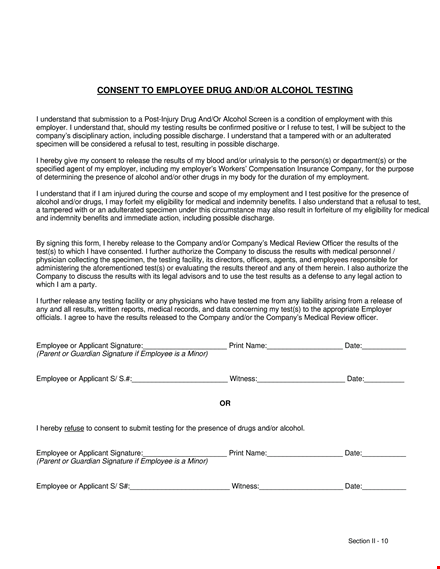 employee drug alcohol test consent & results | company medical evaluation template