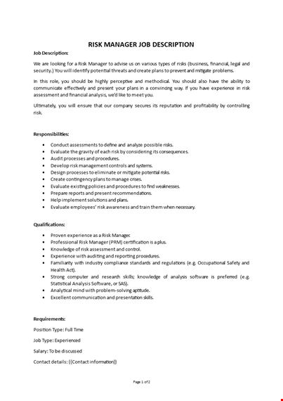 risk manager job description template