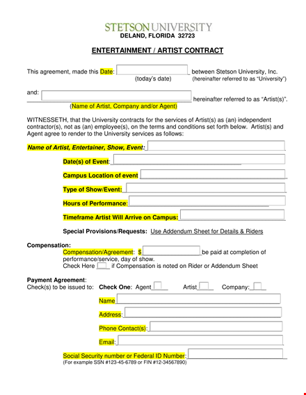 entertainment artist contract template template