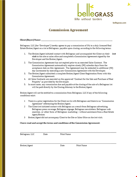 commission agreement template for brokers and agents | bellegrass template