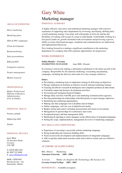professional marketing manager resume - skills, campaigns & personal marketing template