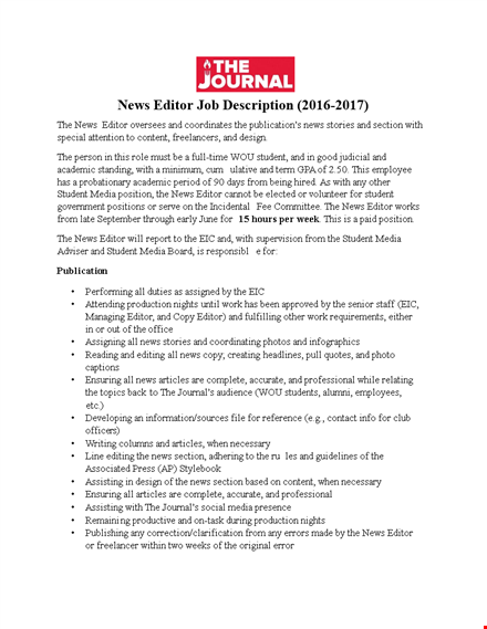 news editor job description: staff editor - media insights for student journalists template