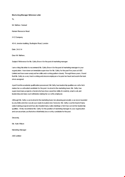 marketing manager reference letter template