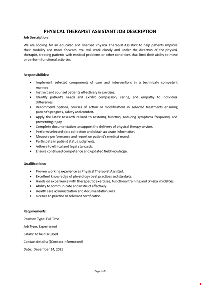 physical therapist assistant job description  template