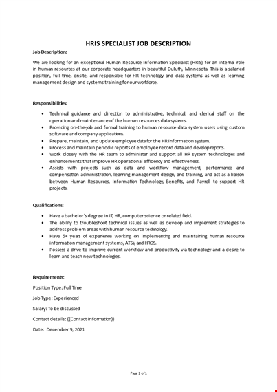 hris specialist job description template