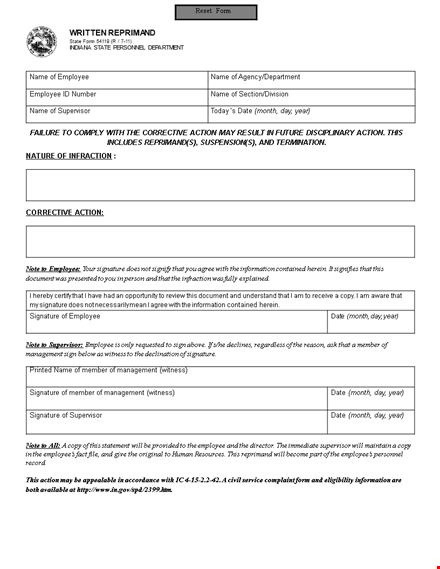 effective letter of reprimand for employee with supervisor signature template