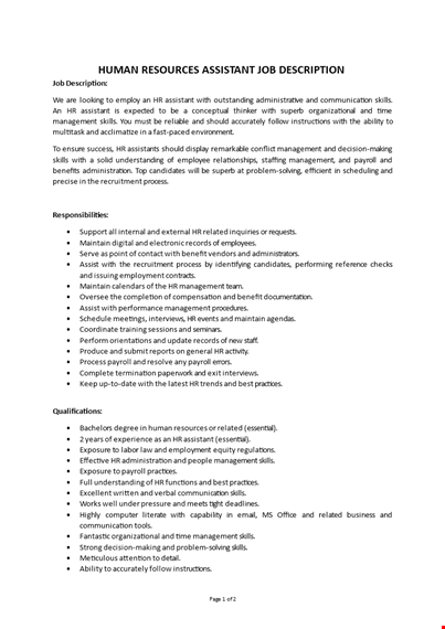 human resource assistant job description template