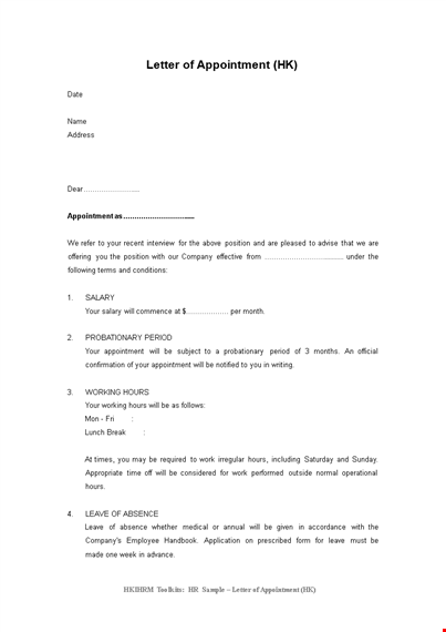 letter of appointment format: employee, company, leave, employment template