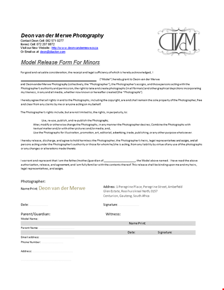 minor model release form template - create a legal agreement for photographs by photographer template