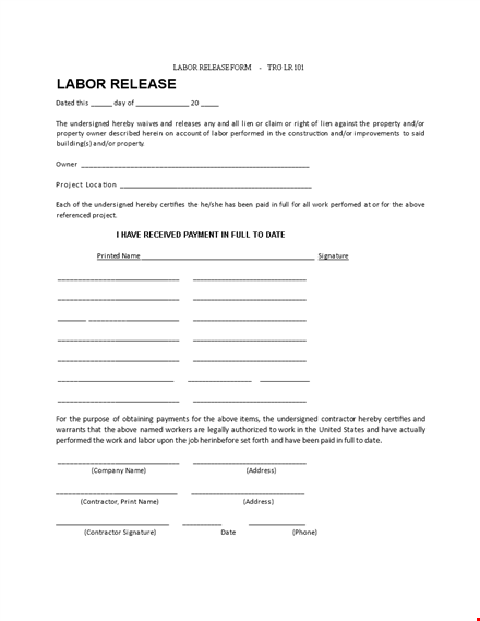 labor lien release form - release your property with the undersigned template