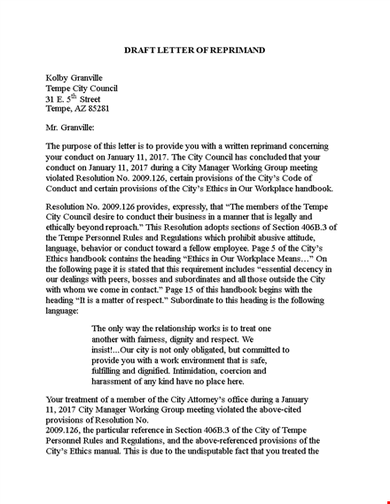 letter of reprimand for council member conduct in tempe template