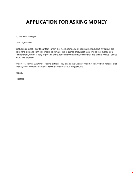 application for asking money for family event template