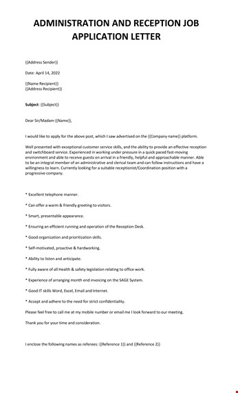 admin reception job application letter template
