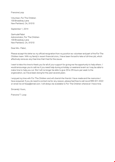 volunteer job resignation letter template