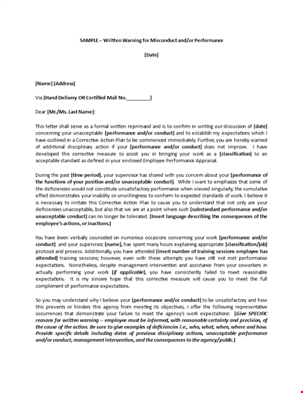 official warning letter - unacceptable behavior & employee performance expectations & conduct template