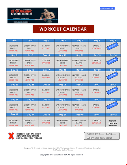weekly workout calendar sample template