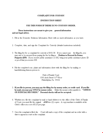 free legal custody form for complaint party, child physical custody template