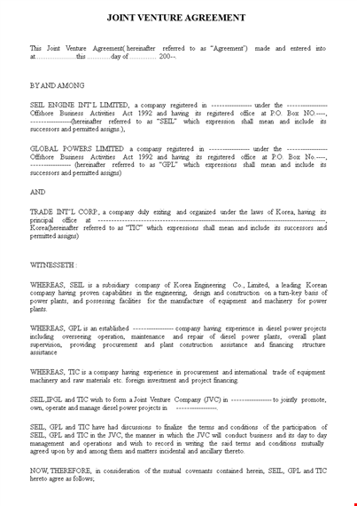 joint venture agreement template - create an agreement between parties template