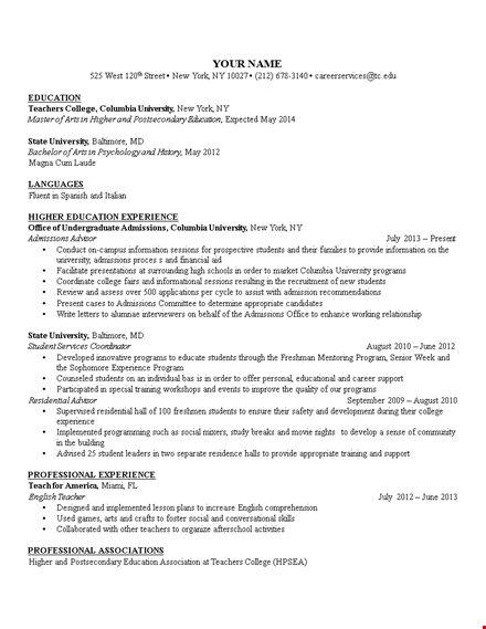 higher education resume sample template