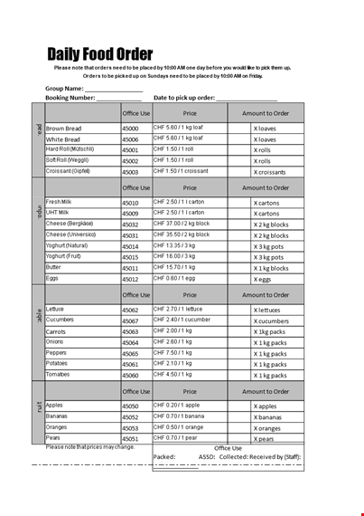 daily food order template template