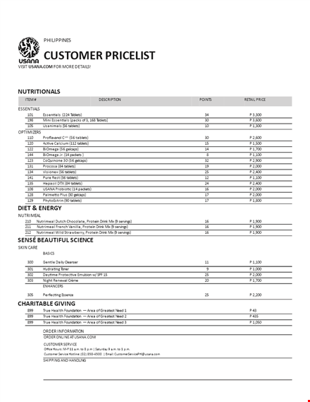 create a customer price list template with health, order, tablets, usana, and nutrimeal template