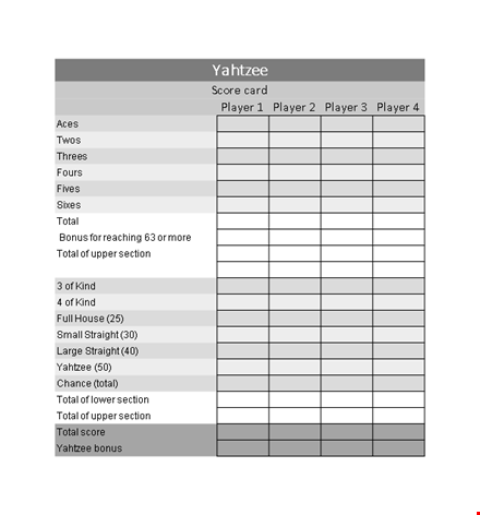 printable yahtzee score sheets - keep track of your scores & total in each section template