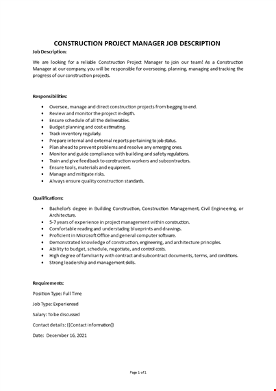 construction project manager job description template