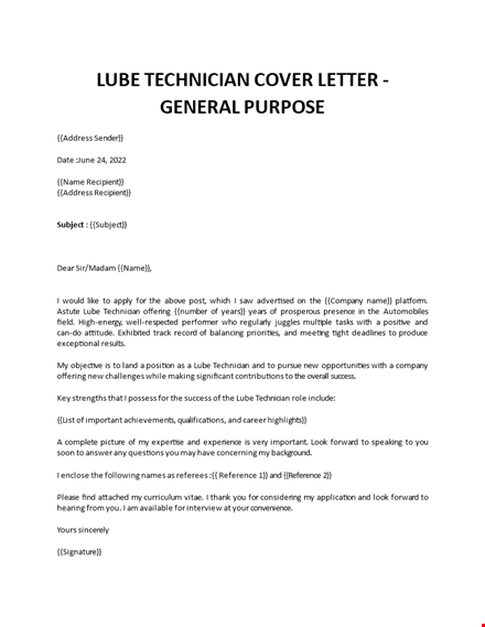lube technician cover letter template