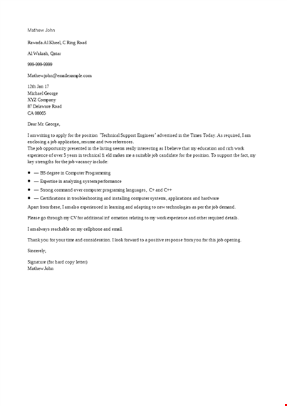technical support job application letter template