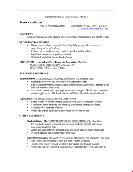 sample journalism resume - gain experience in milwaukee template