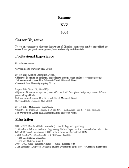 chemical engineering graduate resume template