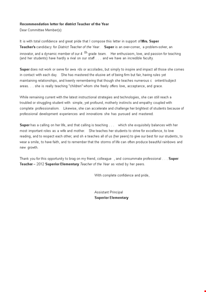 letters of recommendation for teacher of the year template
