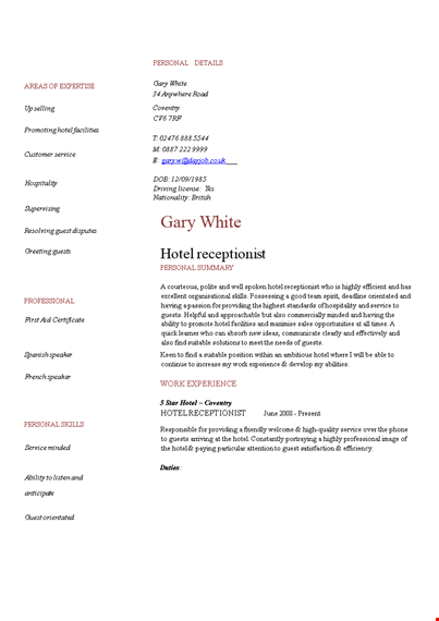 hospitality receptionist curriculum vitae - serving guests with excellent hotel service template