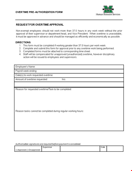 overtime pre authorization form - approval, approved, completed template