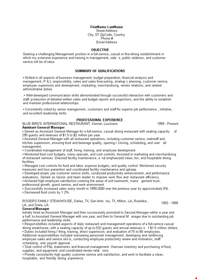 restaurant general manager resume - sales management | managerial skills | customer service template