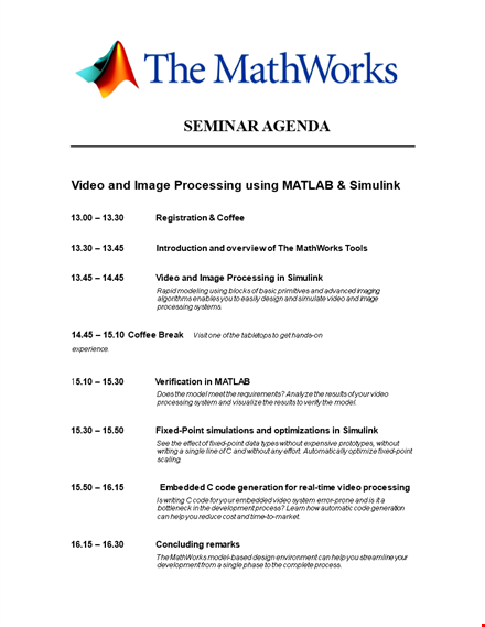 sample seminar agenda - model, video, image processing with simulink | document templates template